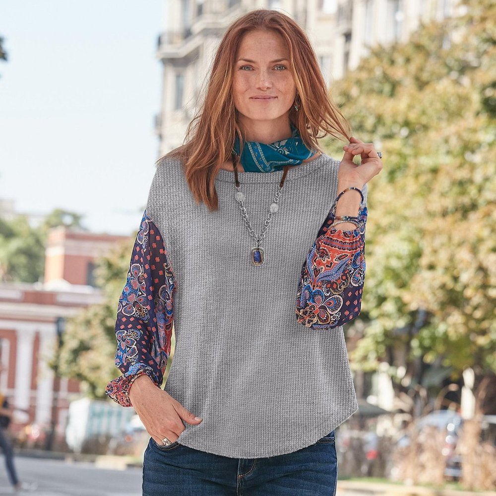 Sundance waffle thermal top with sheer sleeves